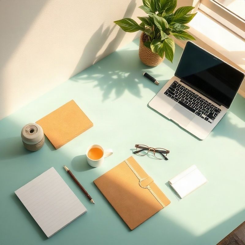 Composição flat-lay de acessórios residenciais e de escritório sobre superfície teal
